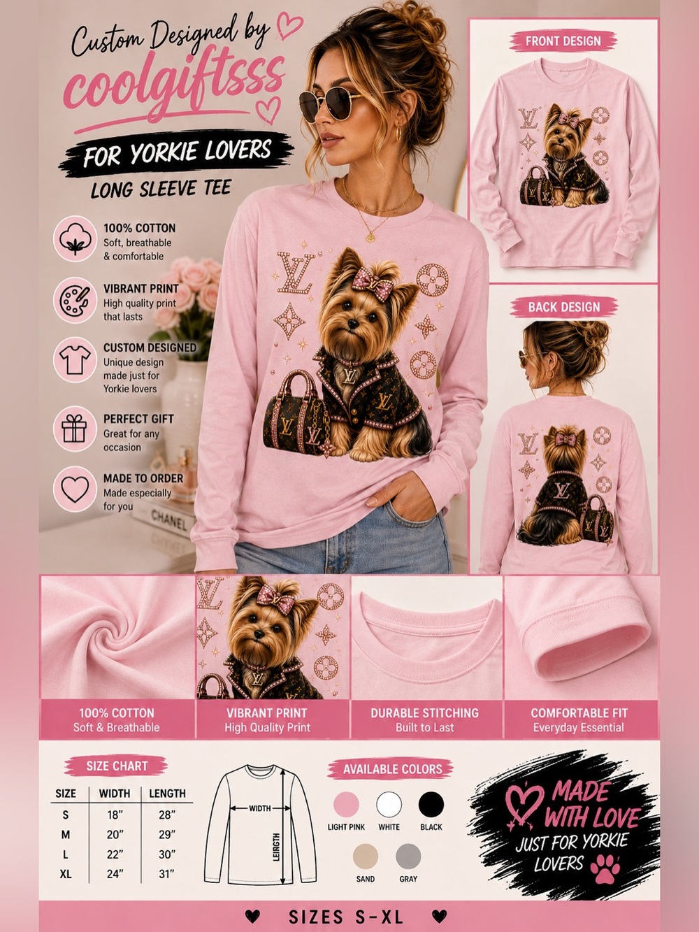 Yorkie Graphic Long Sleeve Tee - For Yorkie Lovers F/b designs S M L XL new